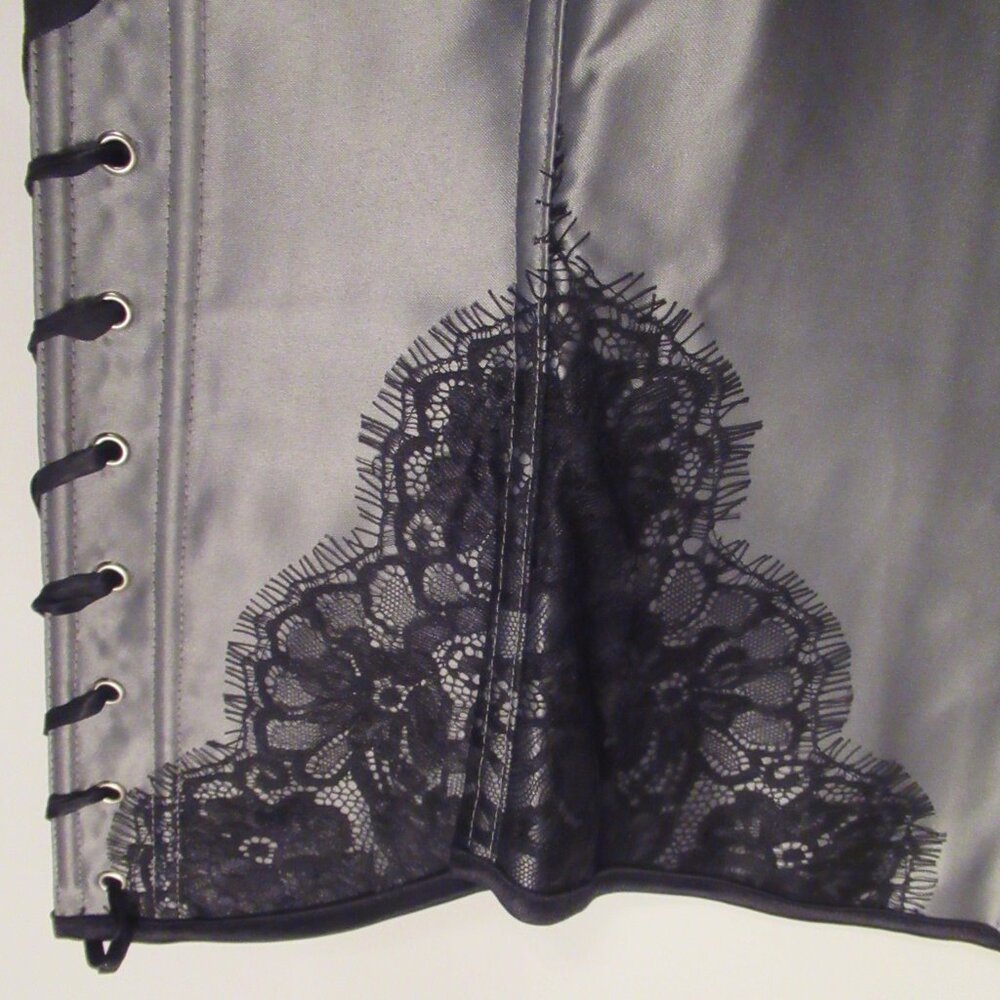 Stunning Silver Corset with Black Eyelash Lace Embellishments Overbust - Picture 11 of 14